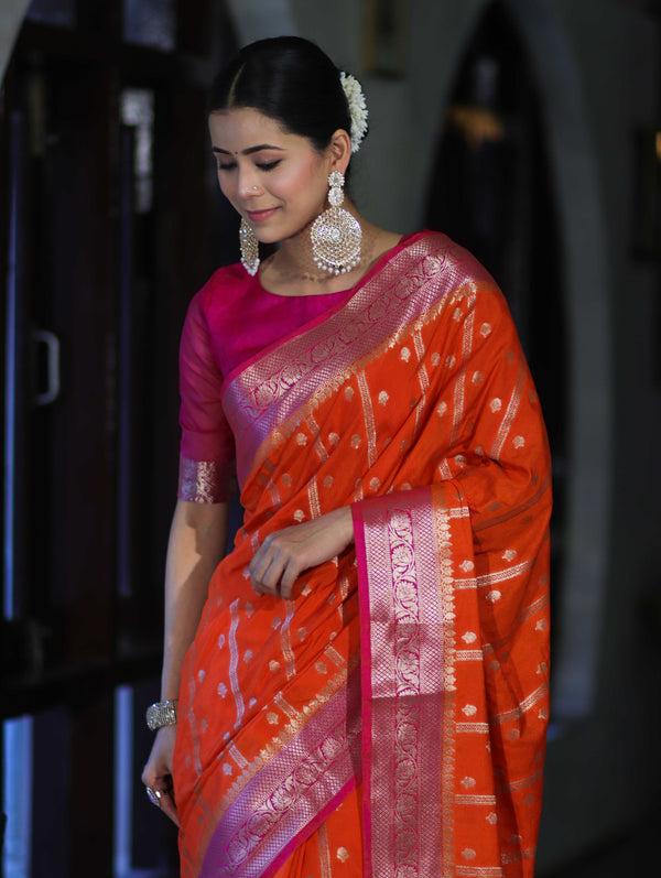 Banarasee Handloom Semi Silk Saree With Zari Design & Contrast Border-Orange & Pink