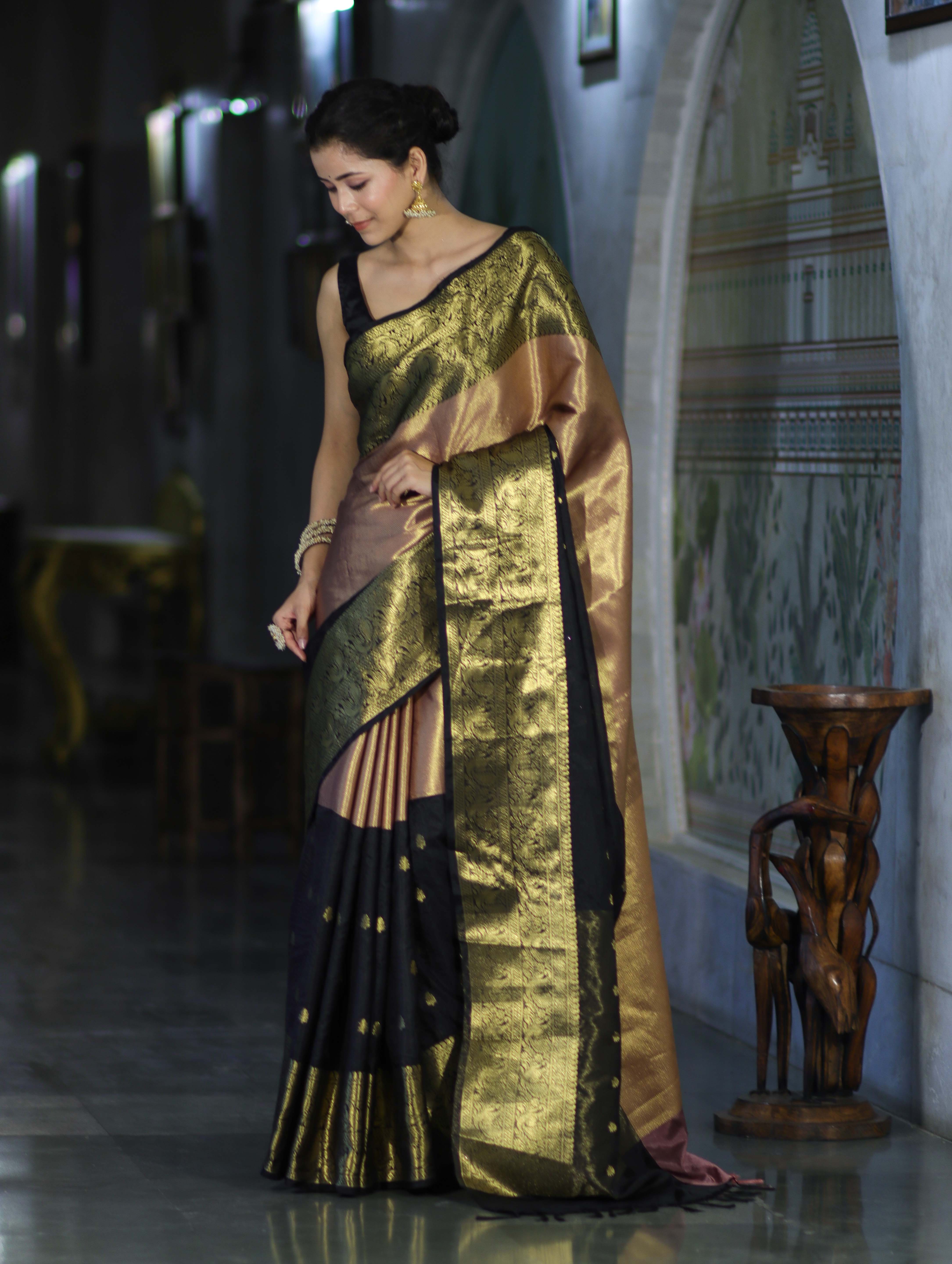 Banarasee Handloom Semi Silk Tissue Saree With Zari Design & Broad Border-Black & Peach Pink