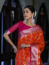 Banarasee Handloom Semi Silk Saree With Zari Design & Contrast Border-Orange & Pink