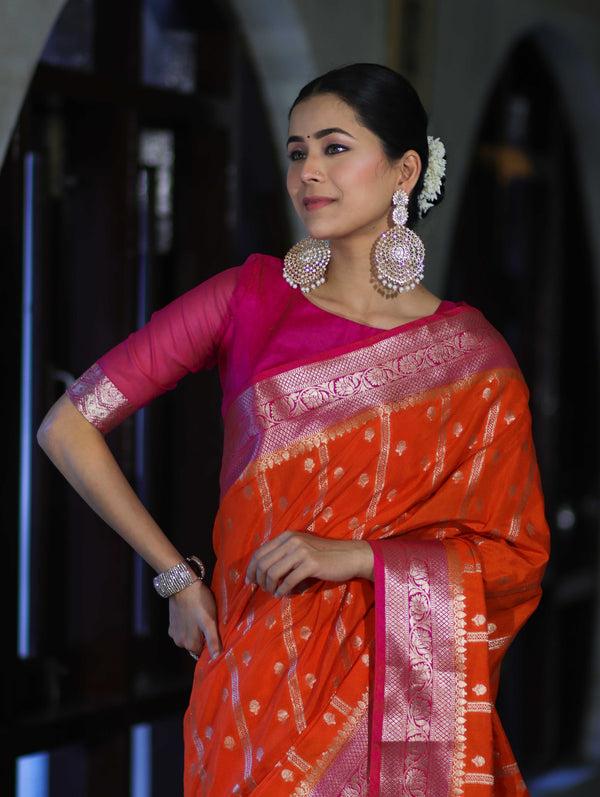 Banarasee Handloom Semi Silk Saree With Zari Design & Contrast Border-Orange & Pink