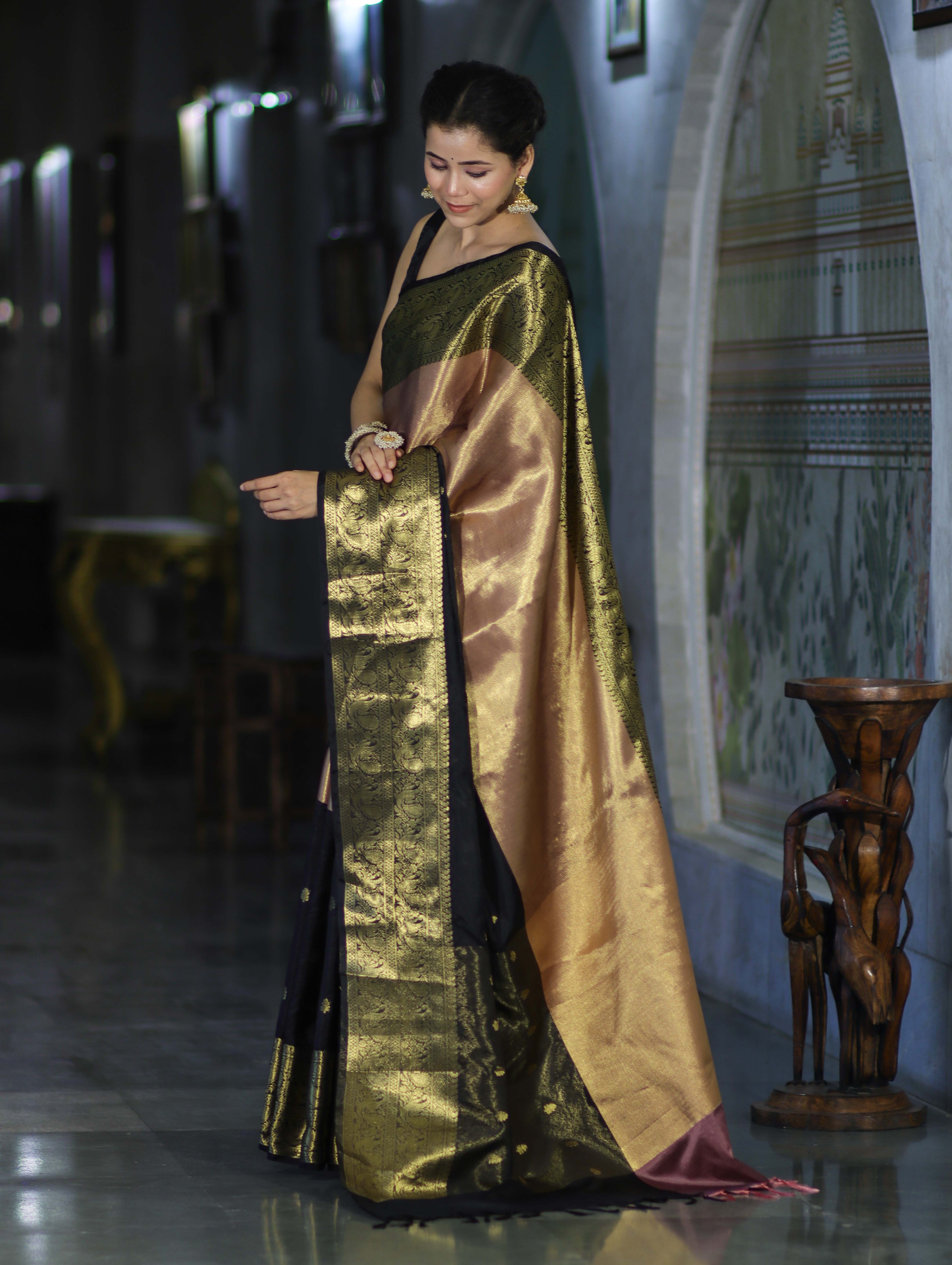 Banarasee Handloom Semi Silk Tissue Saree With Zari Design & Broad Border-Black & Peach Pink