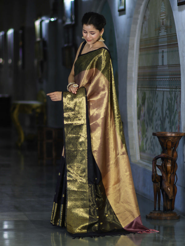 Banarasee Handloom Semi Silk Tissue Saree With Zari Design & Broad Border-Black & Peach Pink