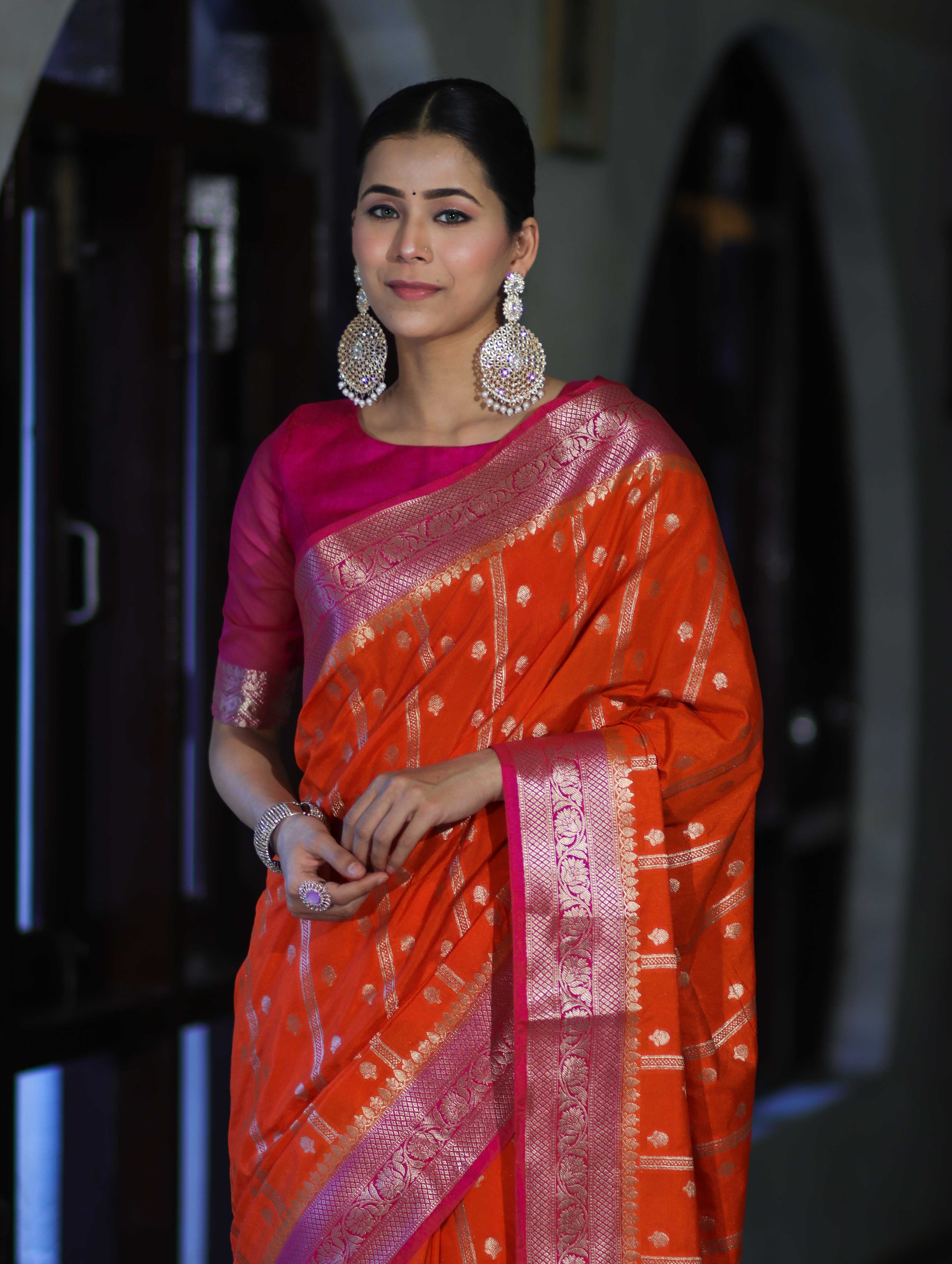 Banarasee Handloom Semi Silk Saree With Zari Design & Contrast Border-Orange & Pink