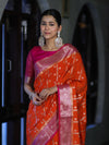 Banarasee Handloom Semi Silk Saree With Zari Design & Contrast Border-Orange & Pink