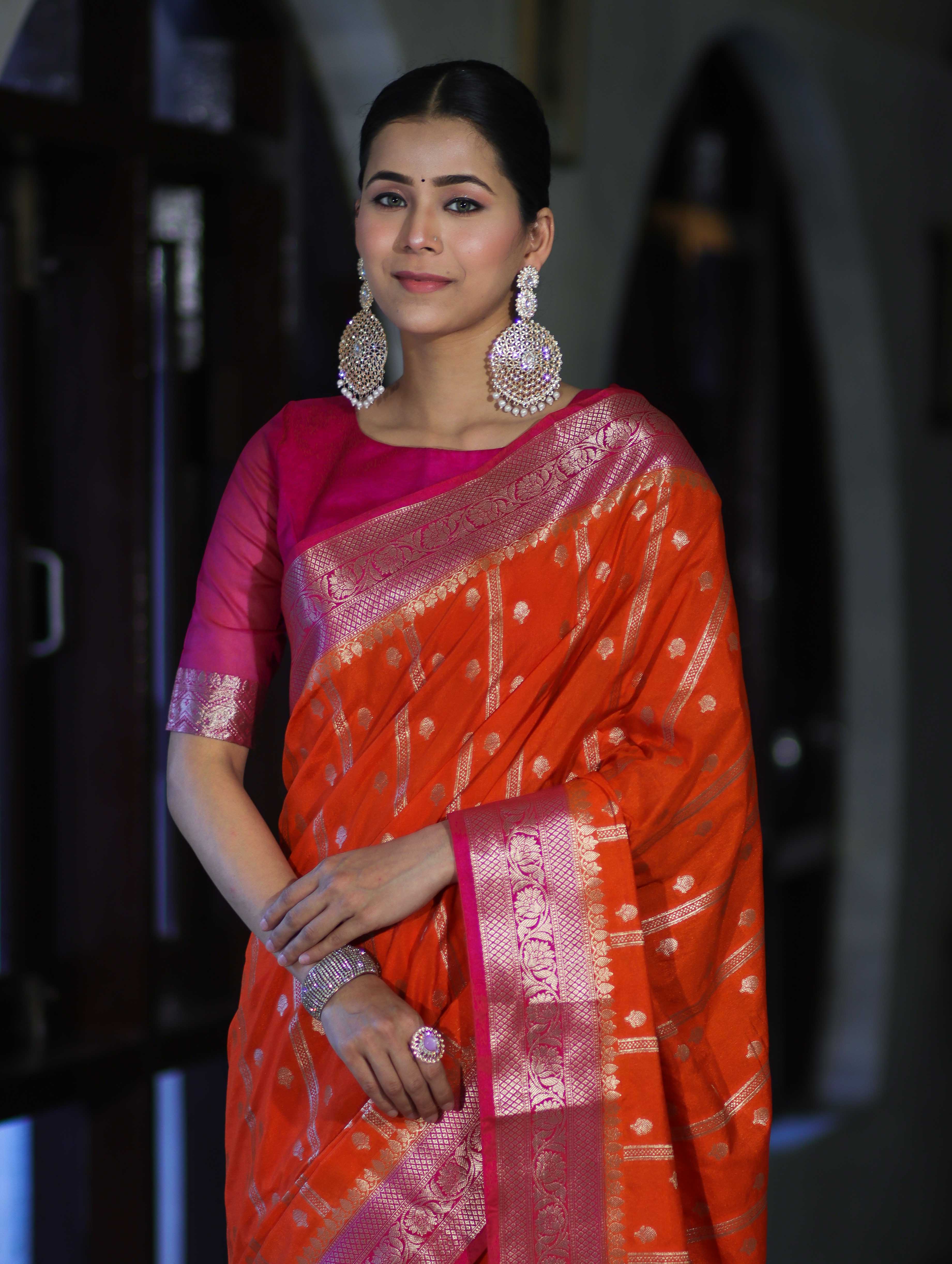 Banarasee Handloom Semi Silk Saree With Zari Design & Contrast Border-Orange & Pink