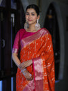 Banarasee Handloom Semi Silk Saree With Zari Design & Contrast Border-Orange & Pink