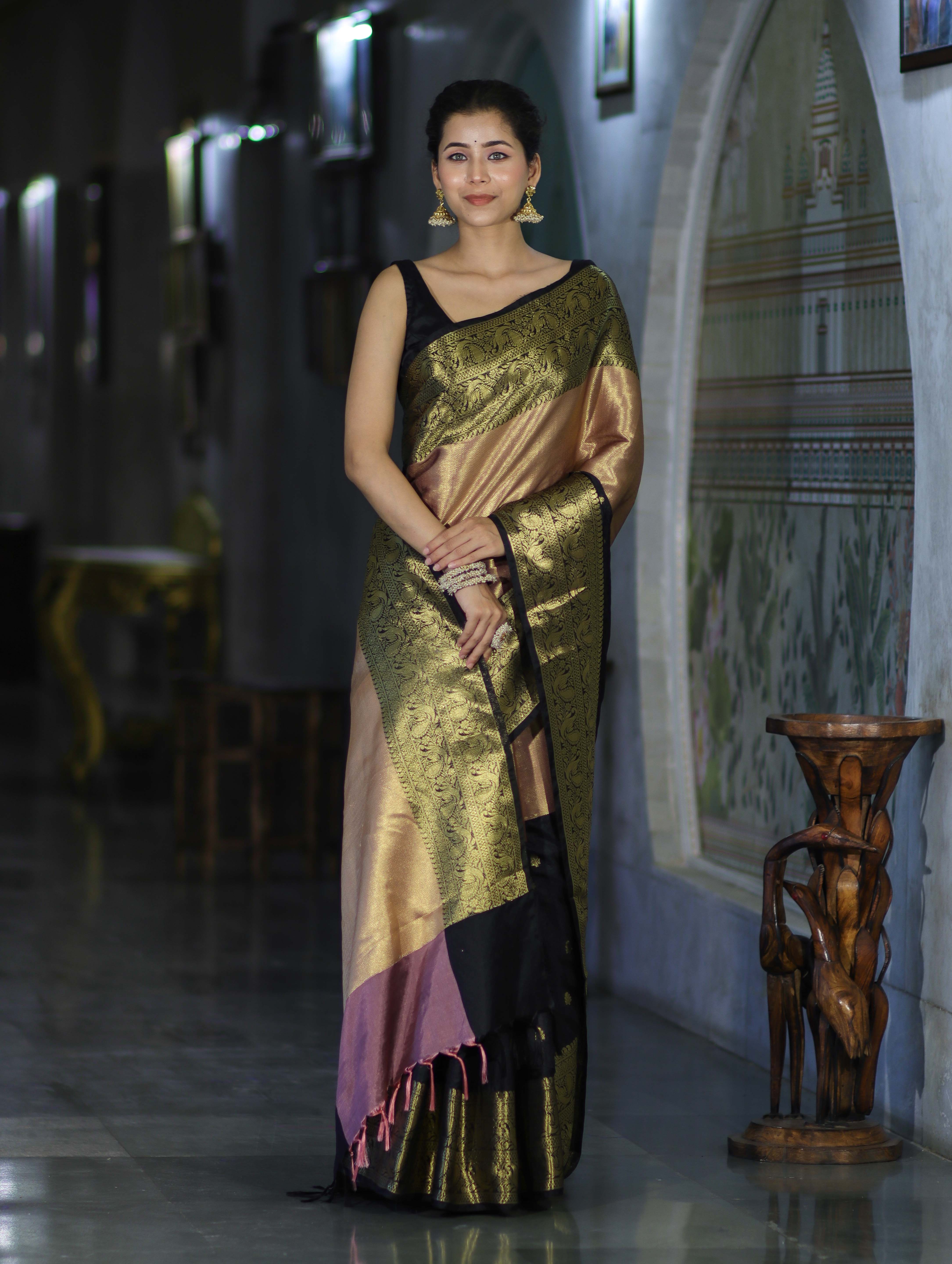 Banarasee Handloom Semi Silk Tissue Saree With Zari Design & Broad Border-Black & Peach Pink