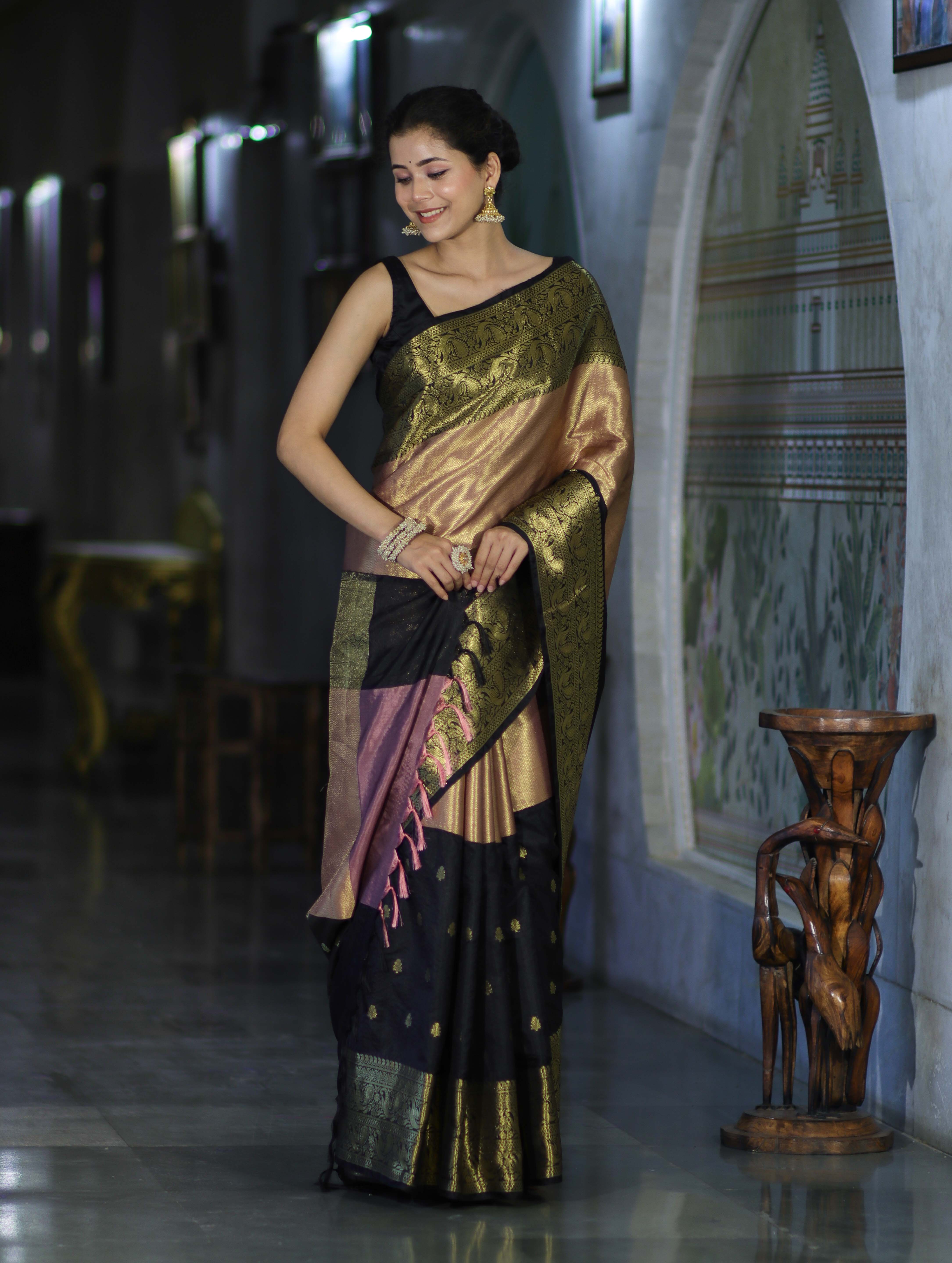Banarasee Handloom Semi Silk Tissue Saree With Zari Design & Broad Border-Black & Peach Pink