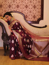 Banarasee Handwoven Semi-Katan Tanchoi Weaving Floral Border Saree-Wine