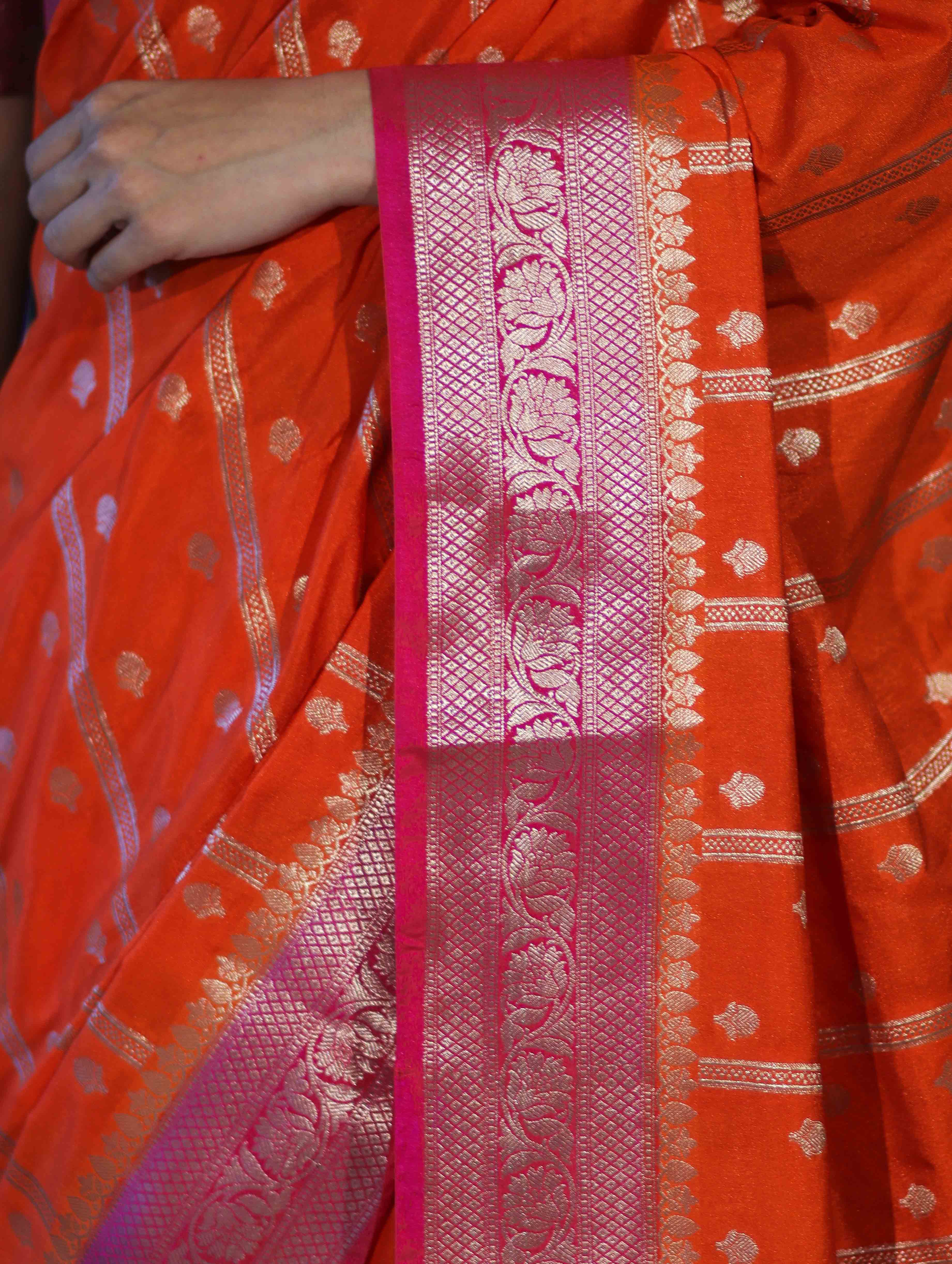 Banarasee Handloom Semi Silk Saree With Zari Design & Contrast Border-Orange & Pink