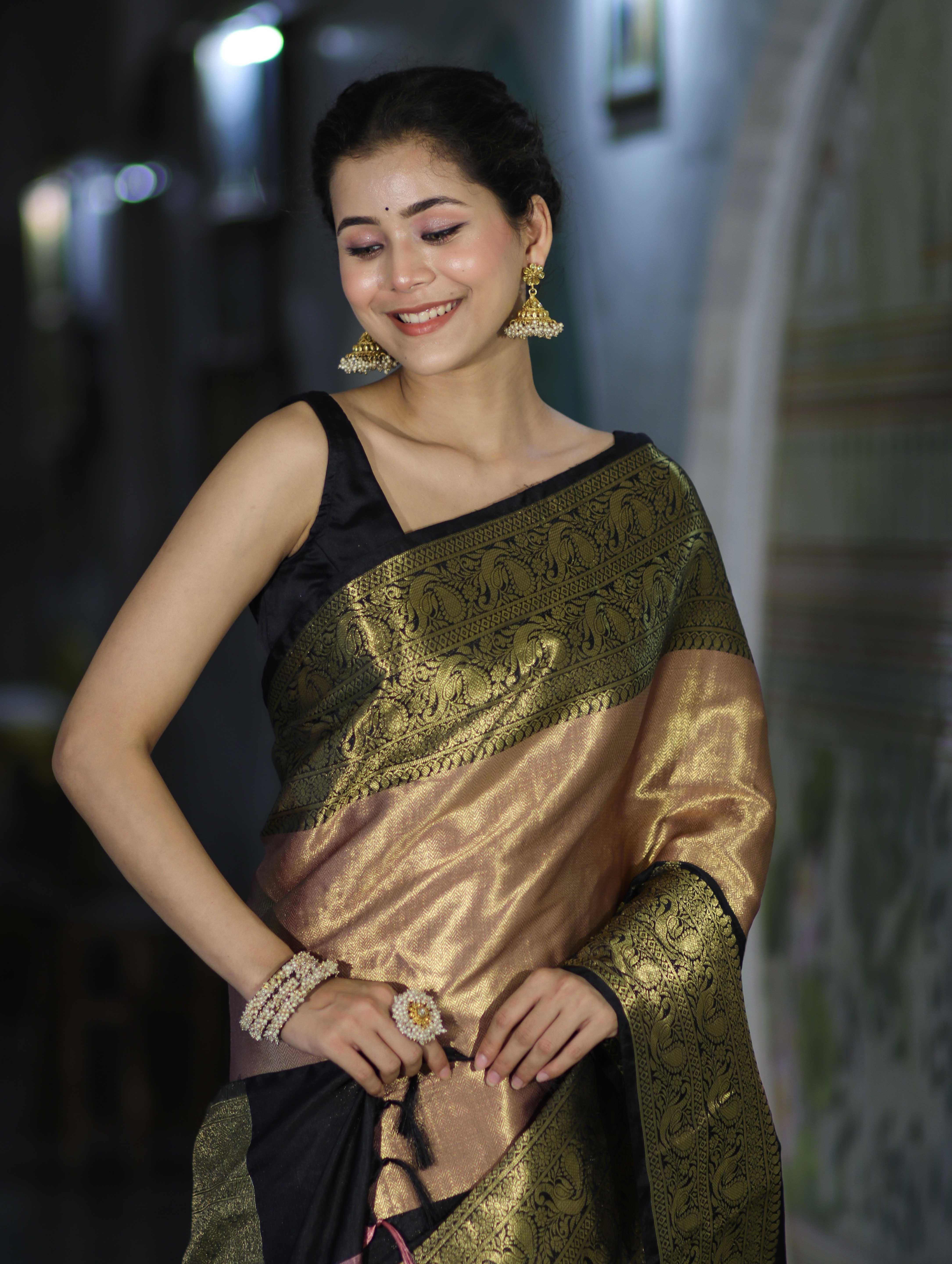 Banarasee Handloom Semi Silk Tissue Saree With Zari Design & Broad Border-Black & Peach Pink