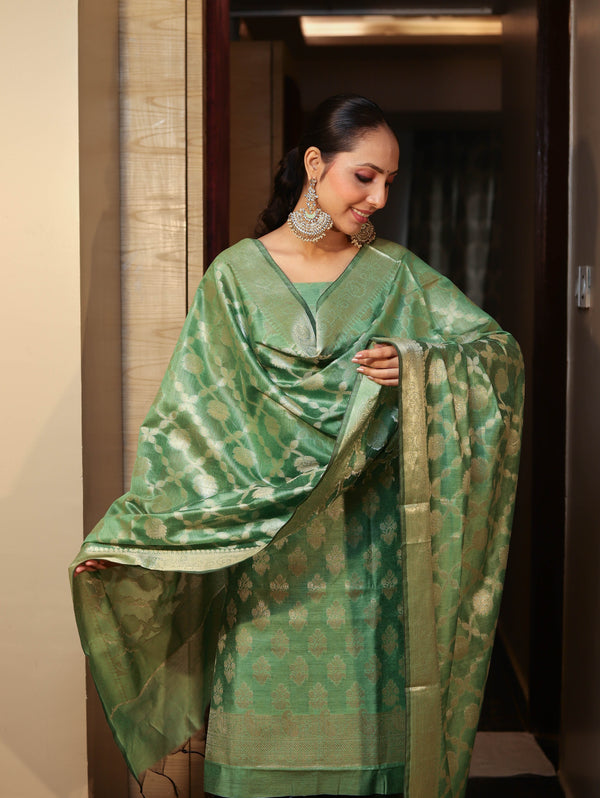 Banarasee Cotton Silk Zari Buta Work Salwar Kameez Fabric With Dupatta Set-Green
