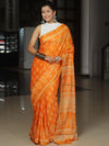Banarasee Katan-Silk Block Print Saree With Gold Border-Orange