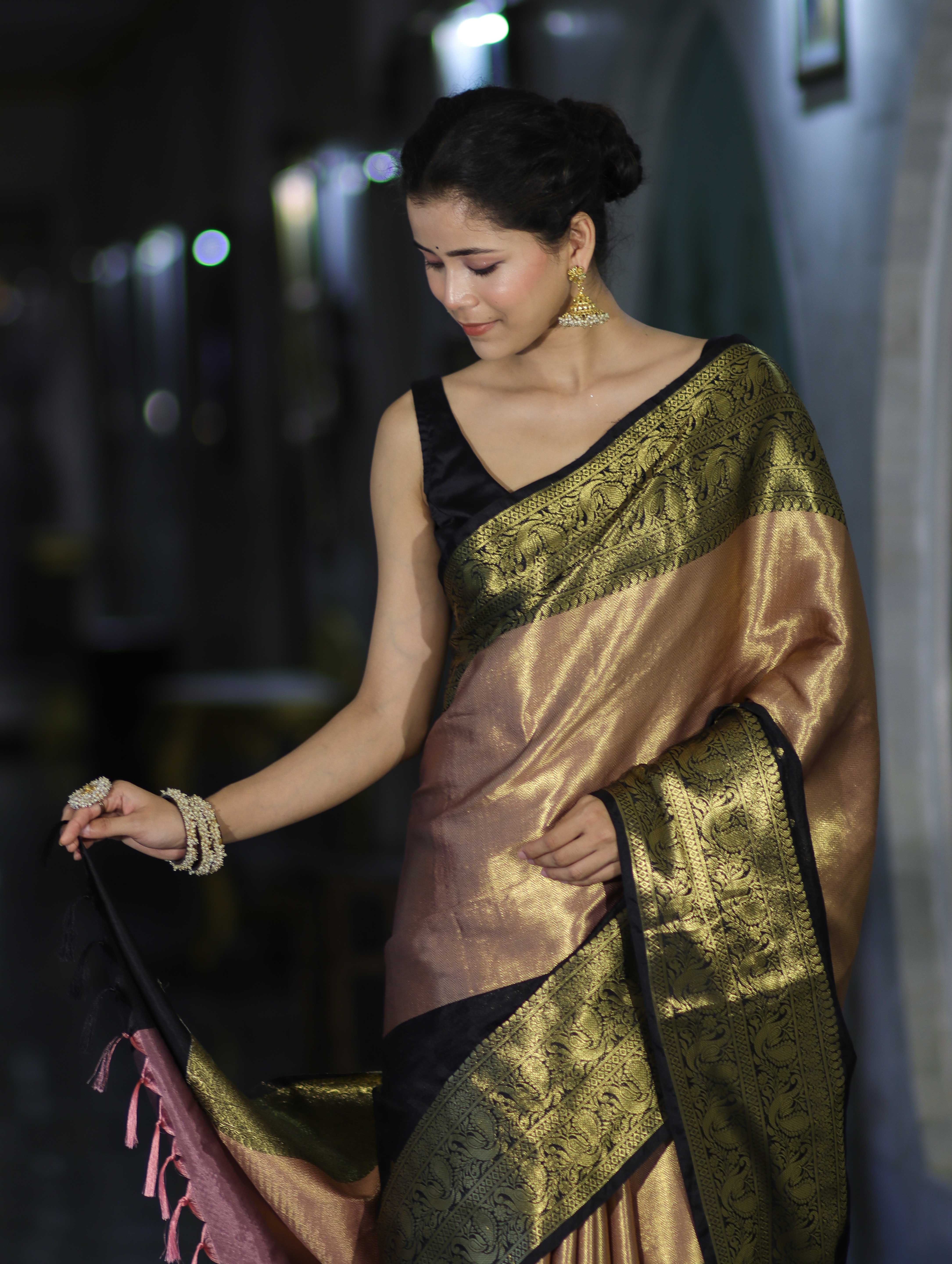 Banarasee Handloom Semi Silk Tissue Saree With Zari Design & Broad Border-Black & Peach Pink