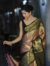 Banarasee Handloom Semi Silk Tissue Saree With Zari Design & Broad Border-Black & Peach Pink