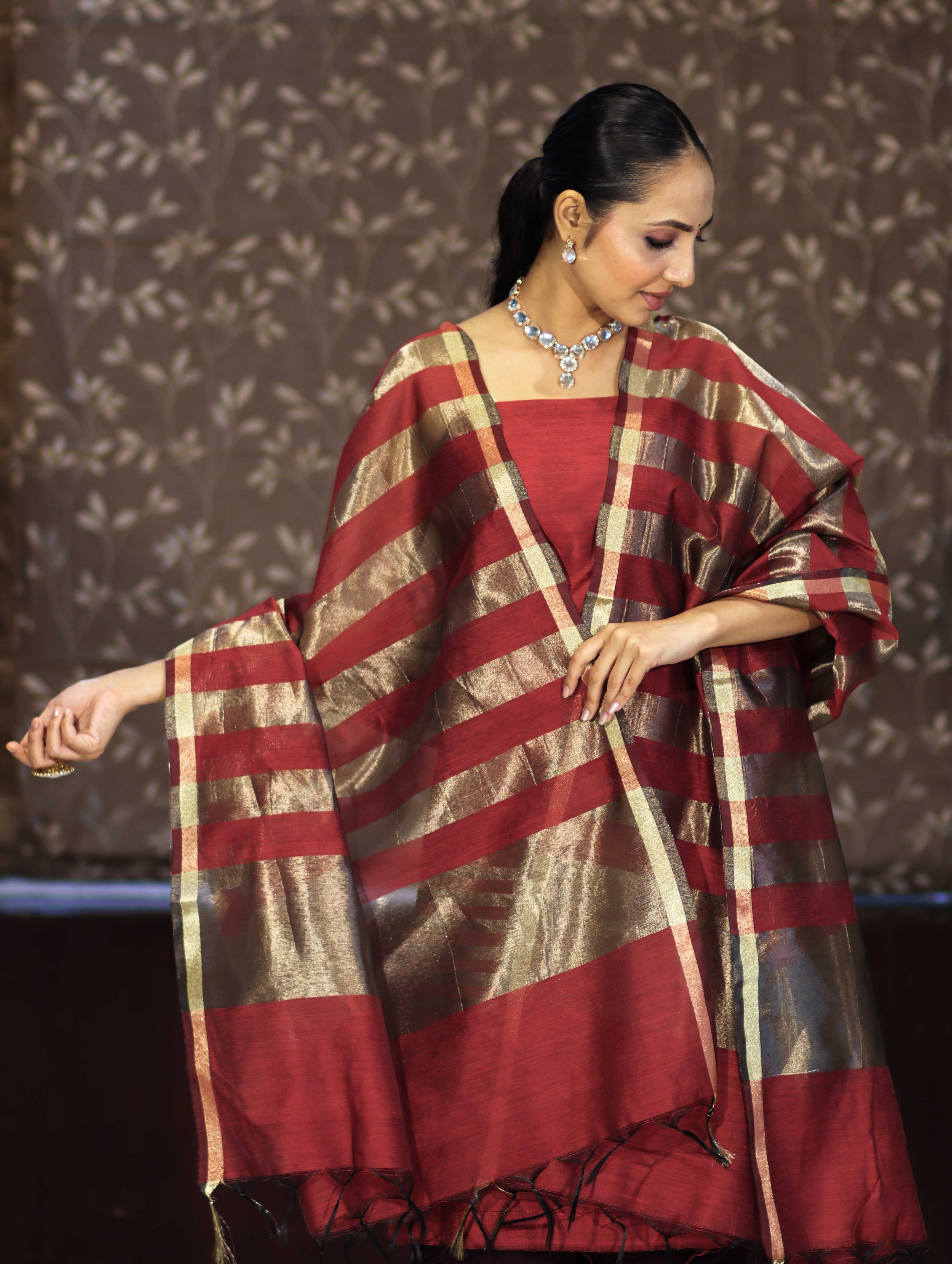 Banarasee Cotton Silk Stripe Pattern Salwar Kameez Fabric With Dupatta Set-Maroon