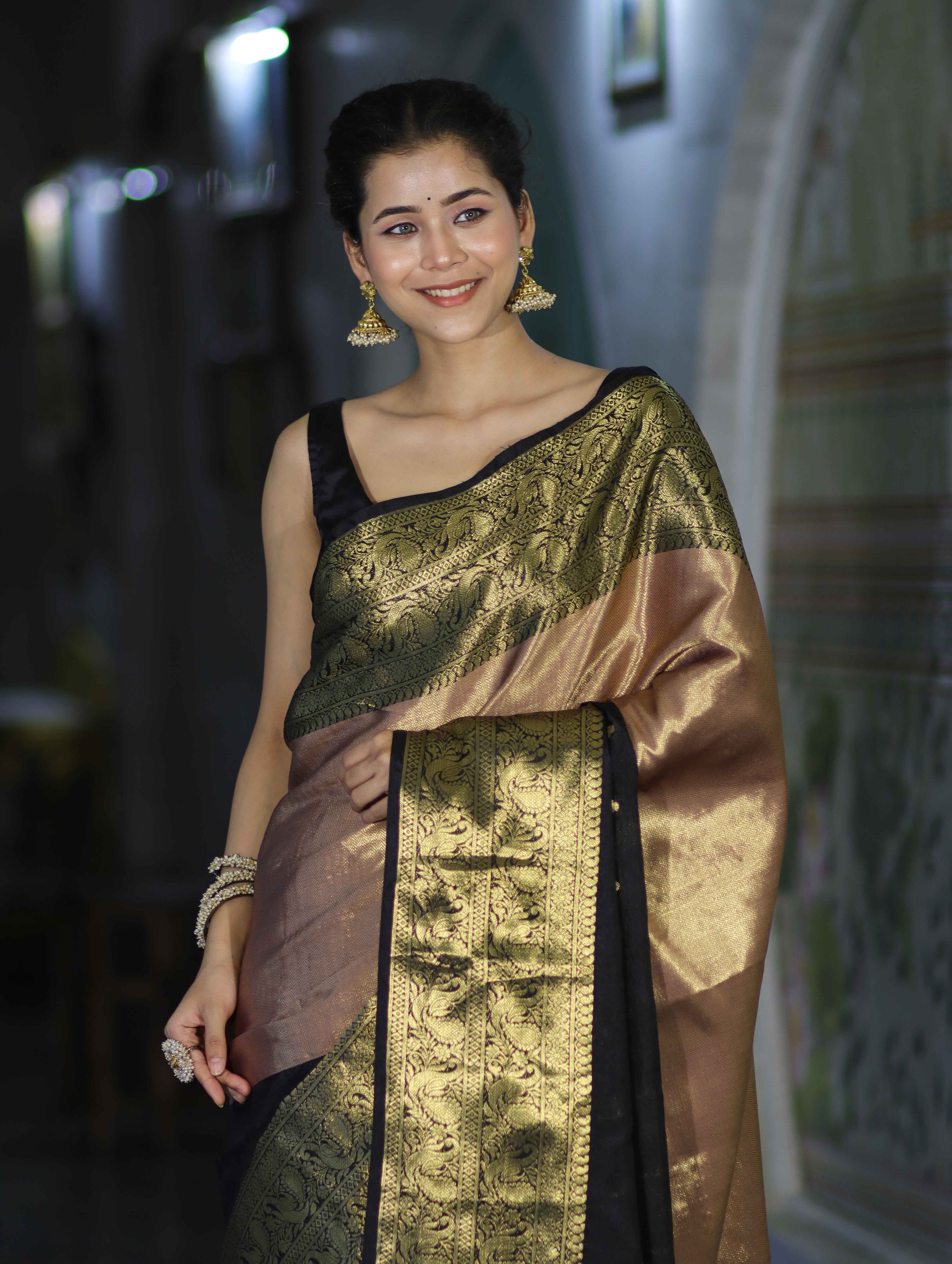 Banarasee Handloom Semi Silk Tissue Saree With Zari Design & Broad Border-Black & Peach Pink