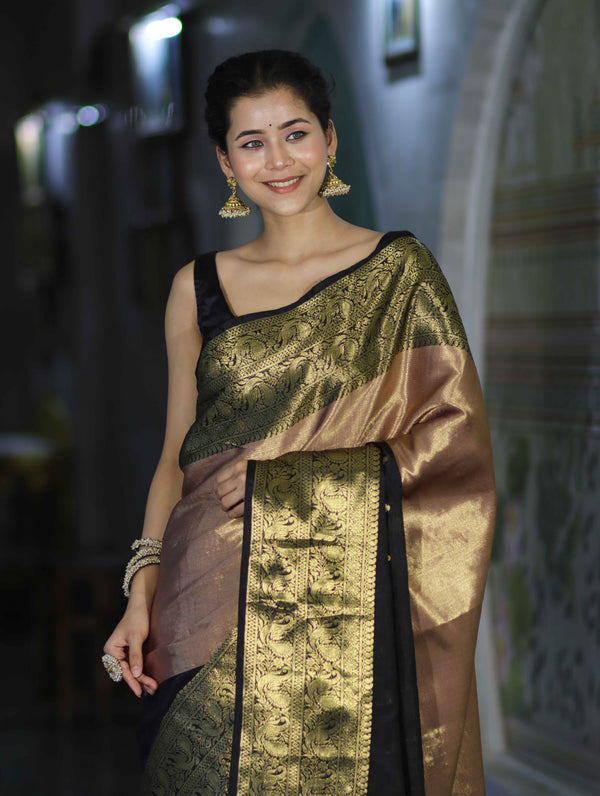Banarasee Handloom Semi Silk Tissue Saree With Zari Design & Broad Border-Black & Peach Pink