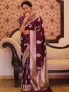 Banarasee Handwoven Semi-Katan Tanchoi Weaving Floral Border Saree-Wine