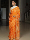 Banarasee Katan-Silk Block Print Saree With Gold Border-Orange