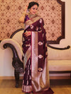 Banarasee Handwoven Semi-Katan Tanchoi Weaving Floral Border Saree-Wine