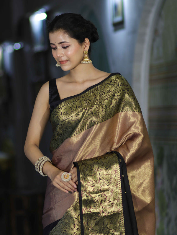 Banarasee Handloom Semi Silk Tissue Saree With Zari Design & Broad Border-Black & Peach Pink