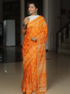 Banarasee Katan-Silk Block Print Saree With Gold Border-Orange