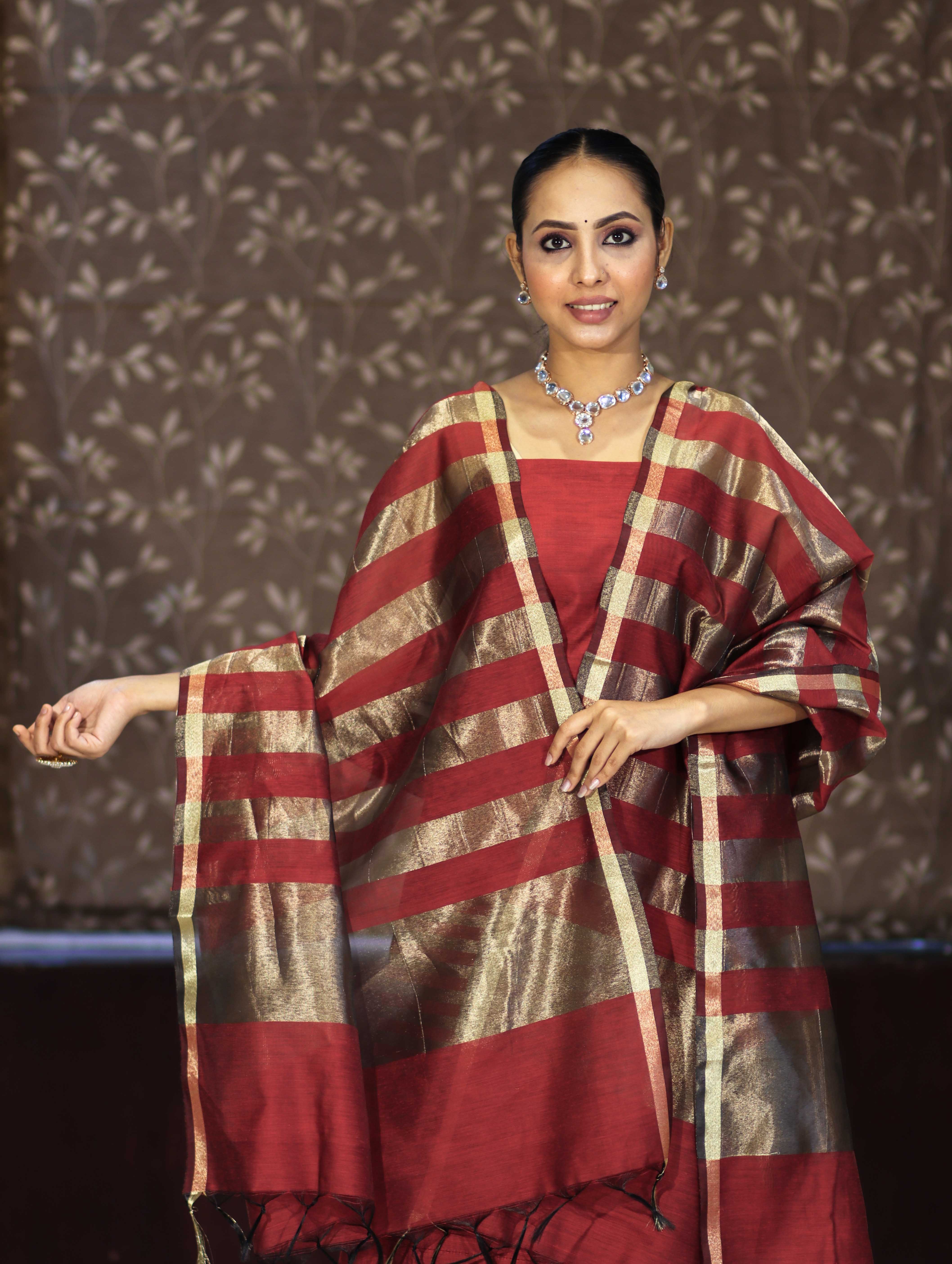 Banarasee Cotton Silk Stripe Pattern Salwar Kameez Fabric With Dupatta Set-Maroon