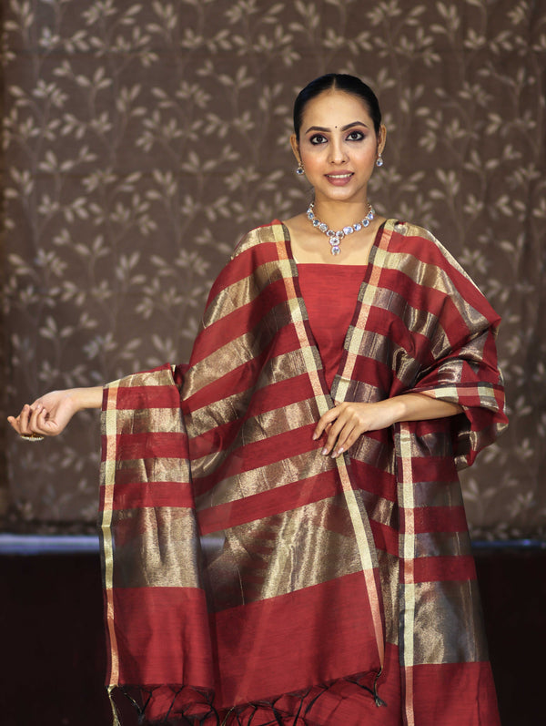 Banarasee Cotton Silk Stripe Pattern Salwar Kameez Fabric With Dupatta Set-Maroon