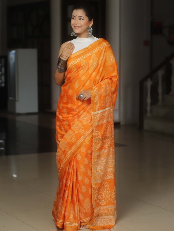 Banarasee Katan-Silk Block Print Saree With Gold Border-Orange
