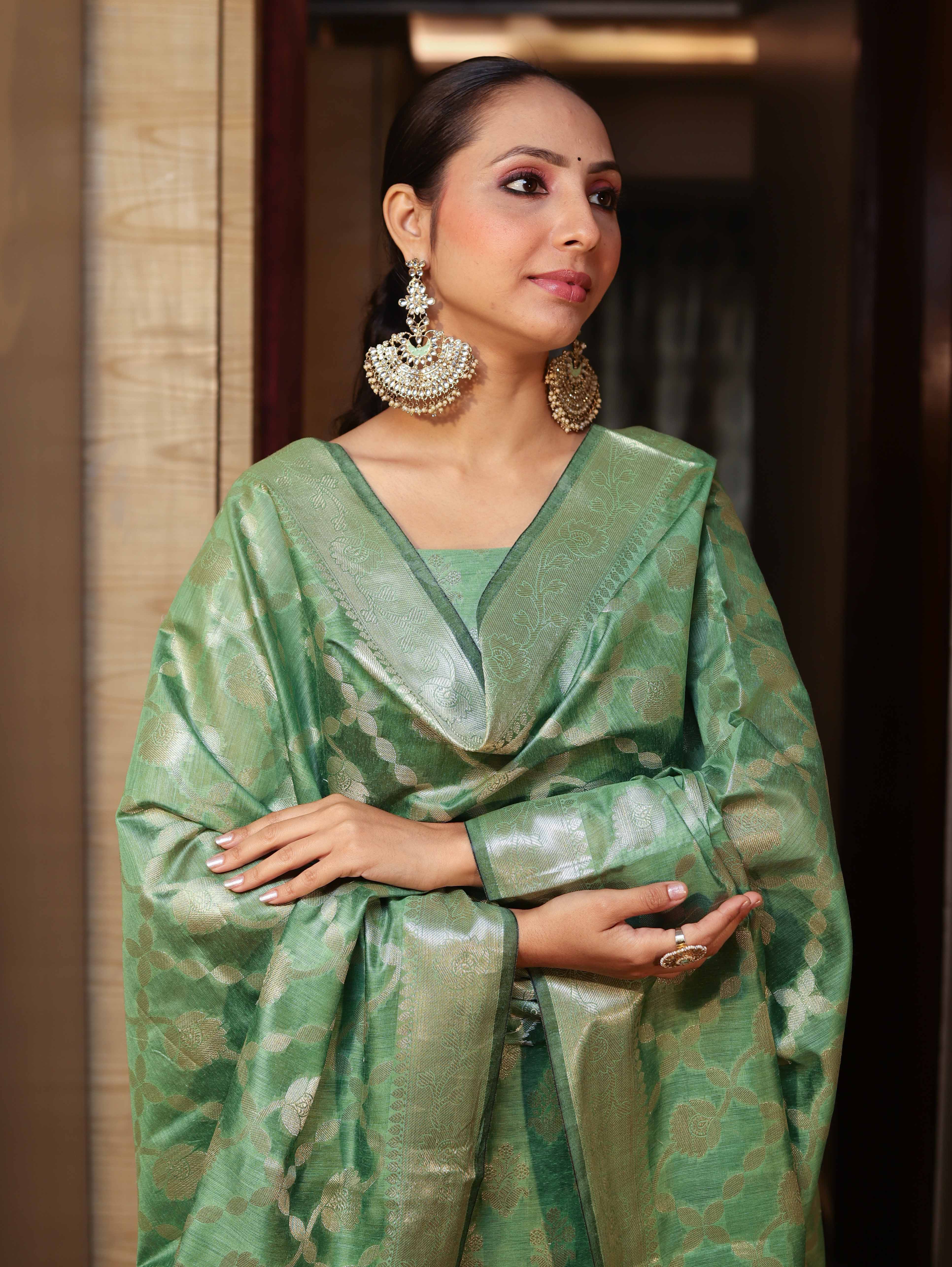 Banarasee Cotton Silk Zari Buta Work Salwar Kameez Fabric With Dupatta Set-Green