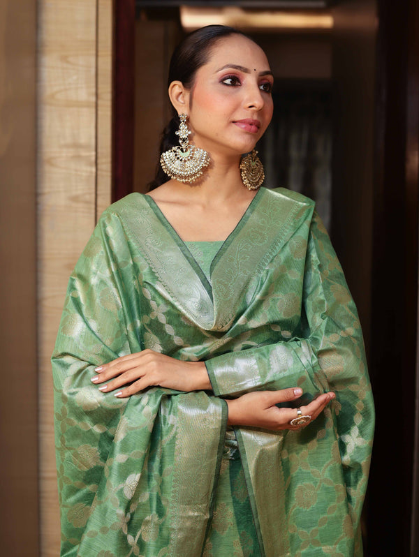 Banarasee Cotton Silk Zari Buta Work Salwar Kameez Fabric With Dupatta Set-Green