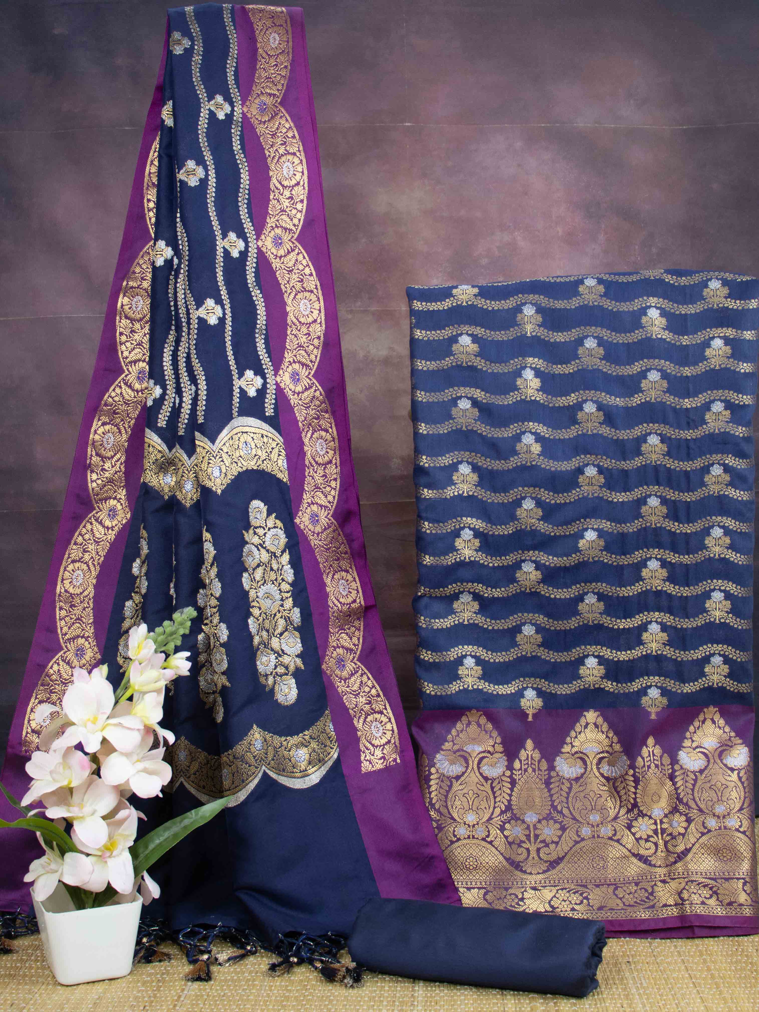 Banarasee Art Silk Zari Design Salwar Kameez With Dupatta Set-Blue