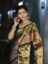 Banarasee Handloom Semi Silk Tissue Saree With Zari Design & Broad Border-Black & Peach Pink