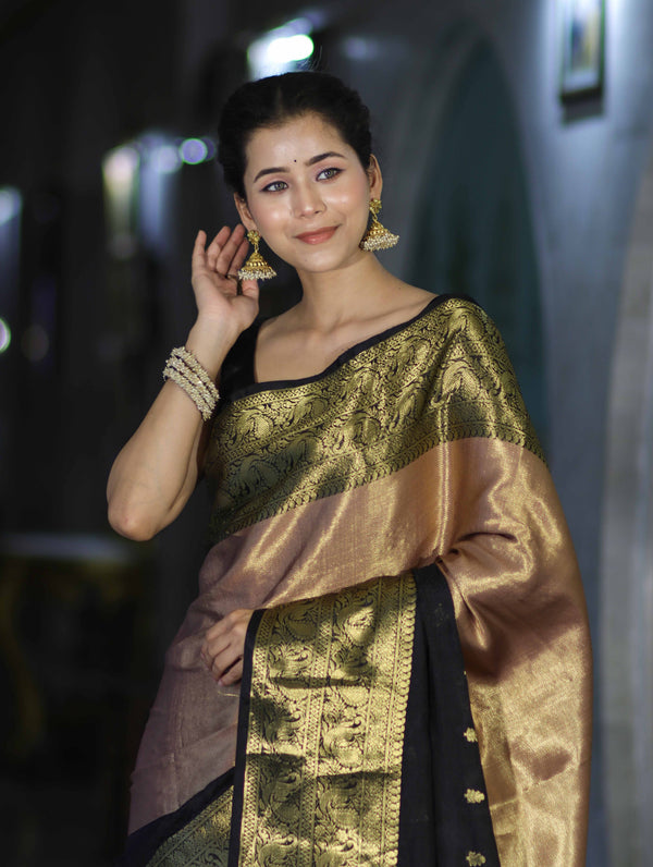 Banarasee Handloom Semi Silk Tissue Saree With Zari Design & Broad Border-Black & Peach Pink