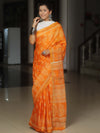 Banarasee Katan-Silk Block Print Saree With Gold Border-Orange