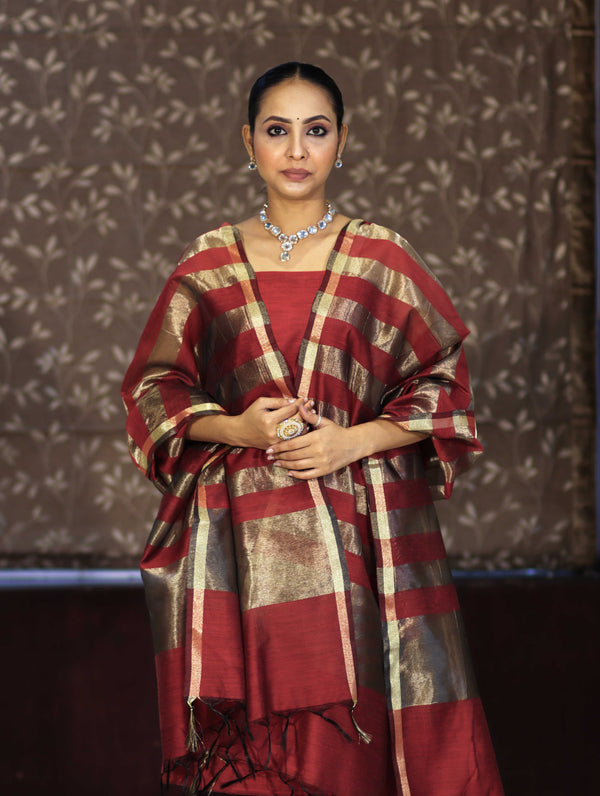 Banarasee Cotton Silk Stripe Pattern Salwar Kameez Fabric With Dupatta Set-Maroon