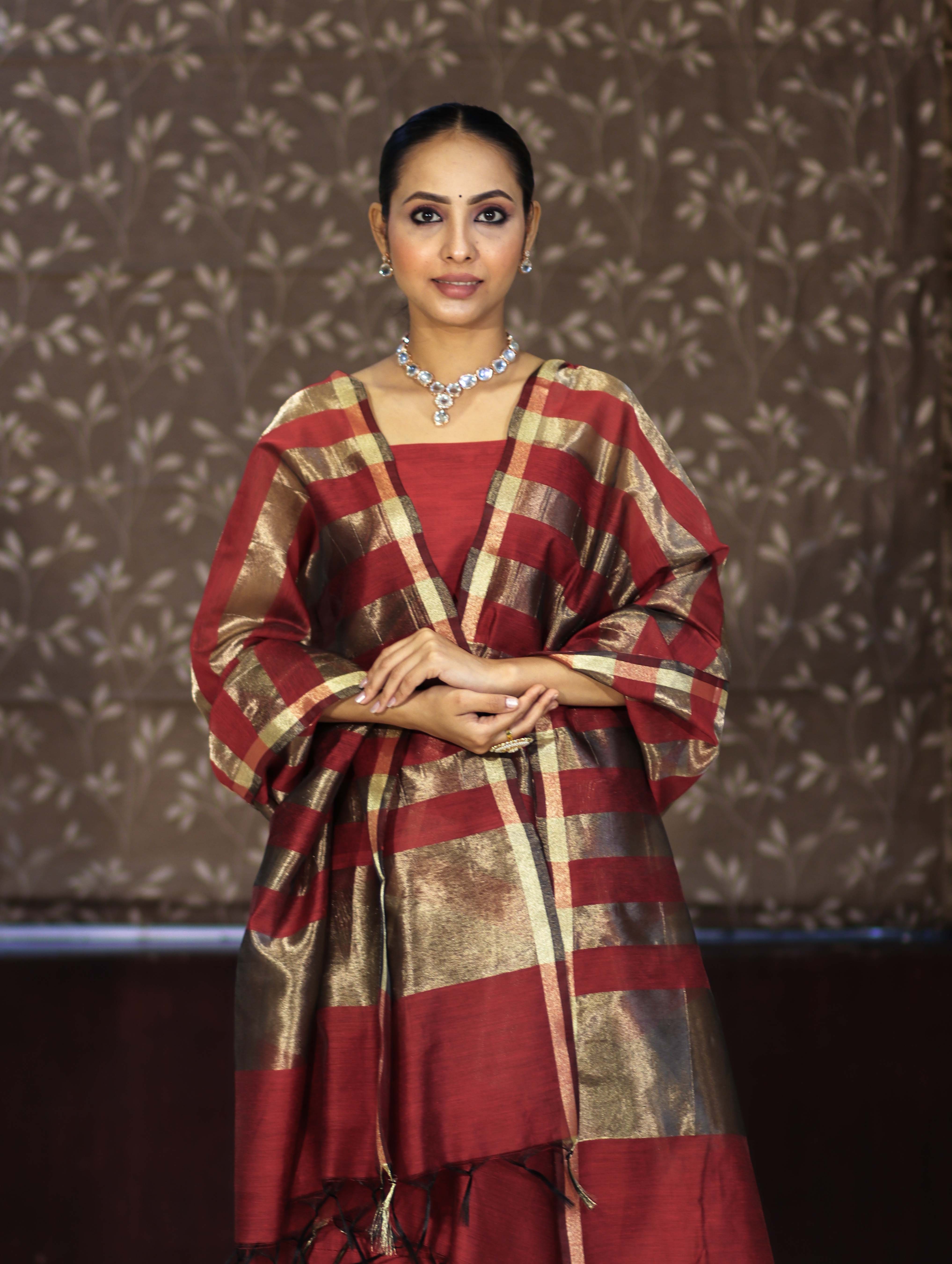 Banarasee Cotton Silk Stripe Pattern Salwar Kameez Fabric With Dupatta Set-Maroon