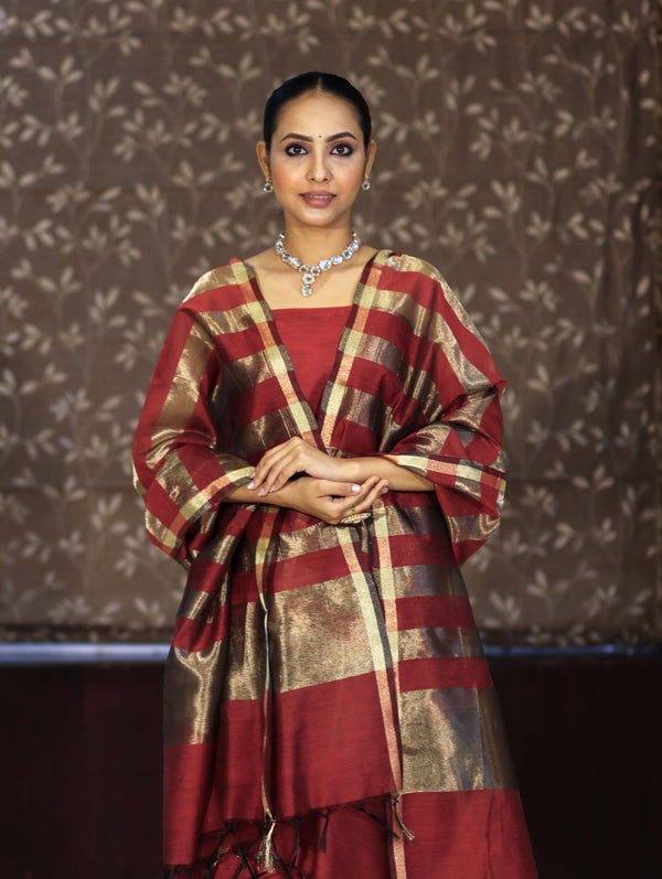 Banarasee Cotton Silk Stripe Pattern Salwar Kameez Fabric With Dupatta Set-Maroon