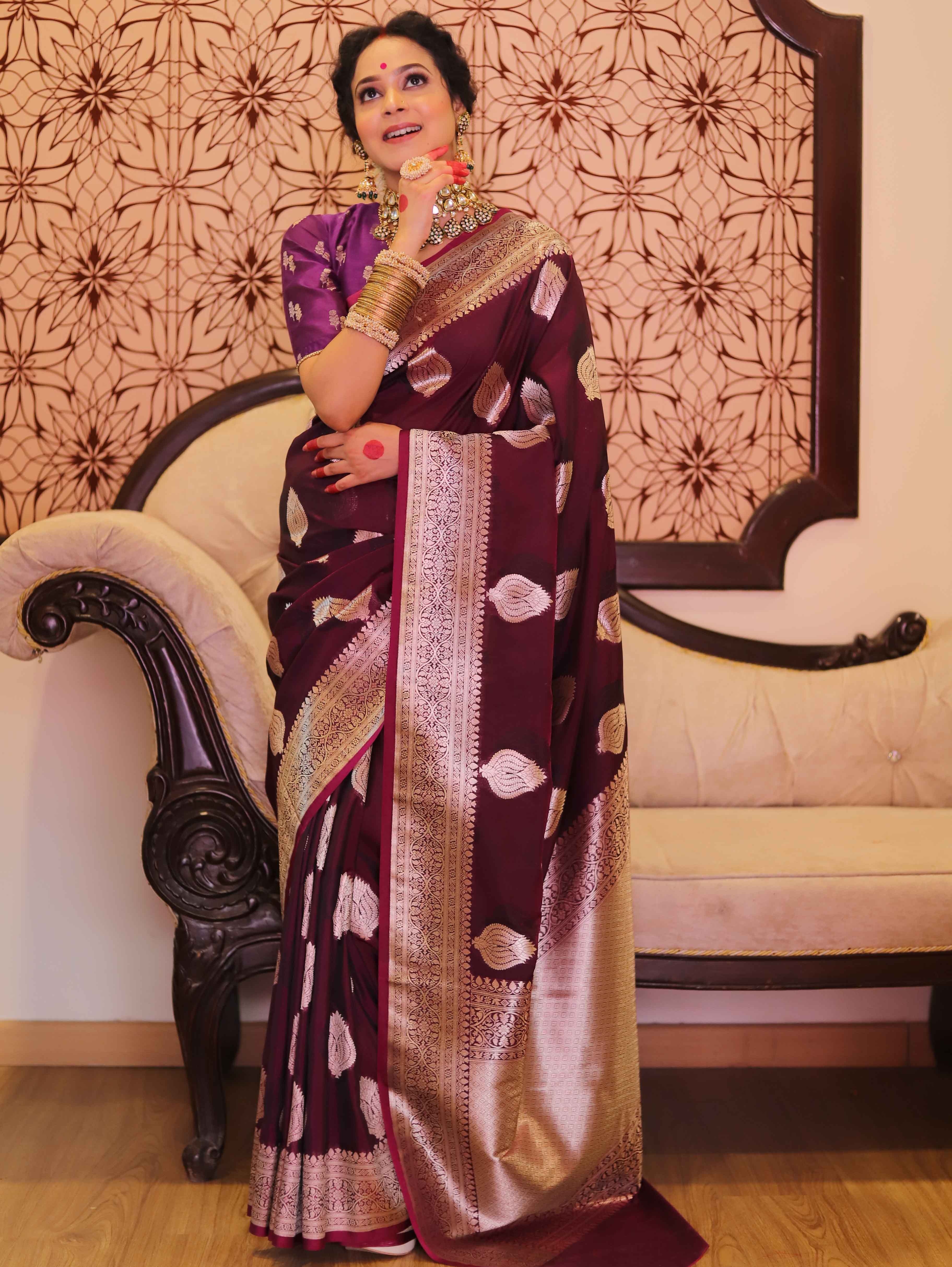 Banarasee Handwoven Semi-Katan Tanchoi Weaving Floral Border Saree-Wine