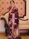Banarasee Handwoven Semi-Katan Tanchoi Weaving Floral Border Saree-Wine