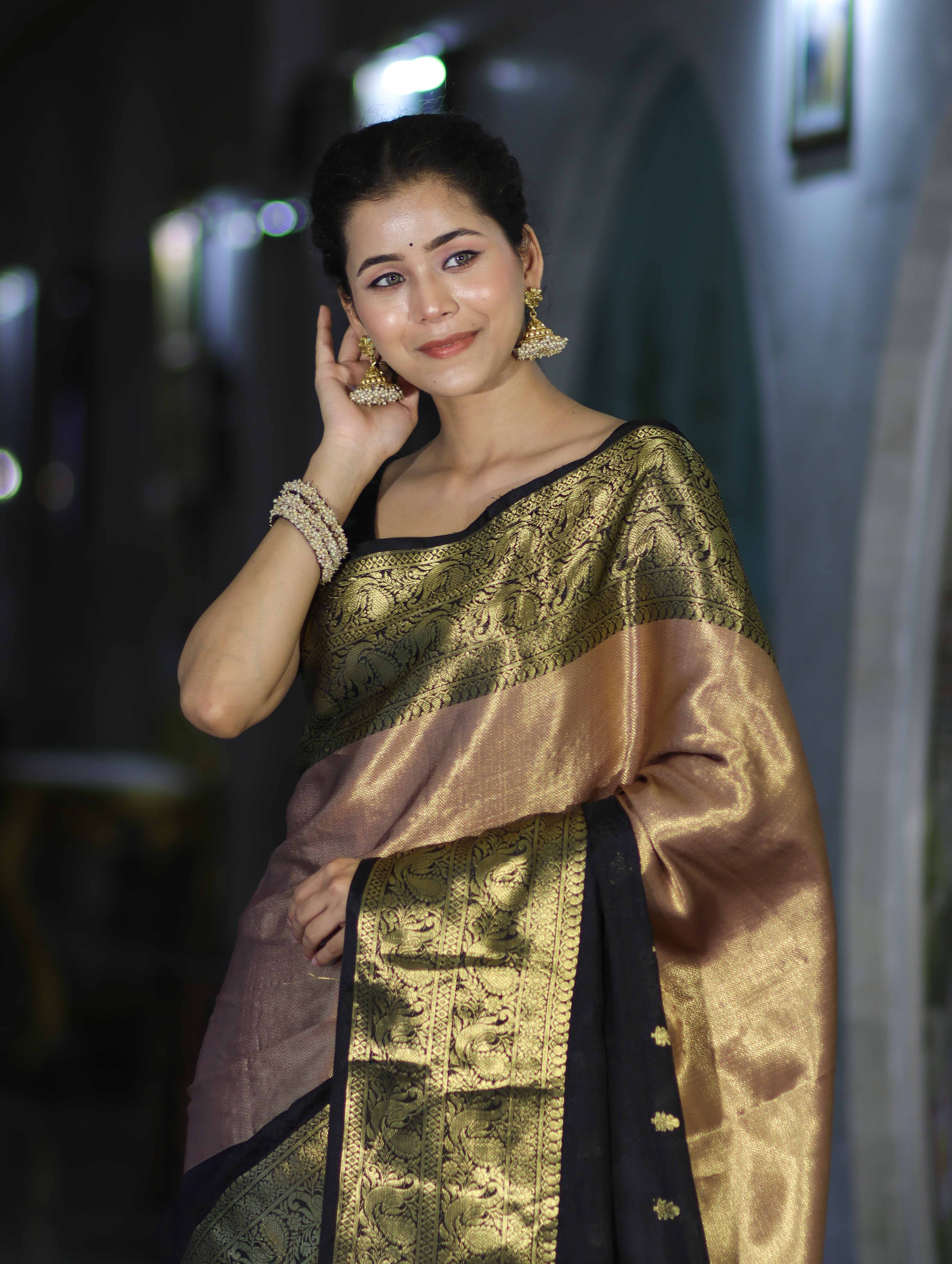 Banarasee Handloom Semi Silk Tissue Saree With Zari Design & Broad Border-Black & Peach Pink