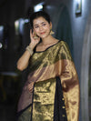 Banarasee Handloom Semi Silk Tissue Saree With Zari Design & Broad Border-Black & Peach Pink