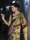 Banarasee Handloom Semi Silk Tissue Saree With Zari Design & Broad Border-Black & Peach Pink