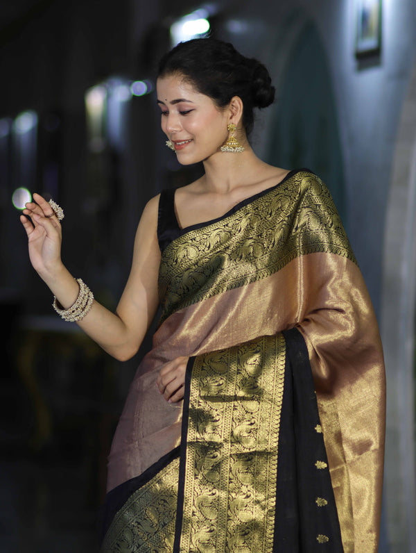 Banarasee Handloom Semi Silk Tissue Saree With Zari Design & Broad Border-Black & Peach Pink