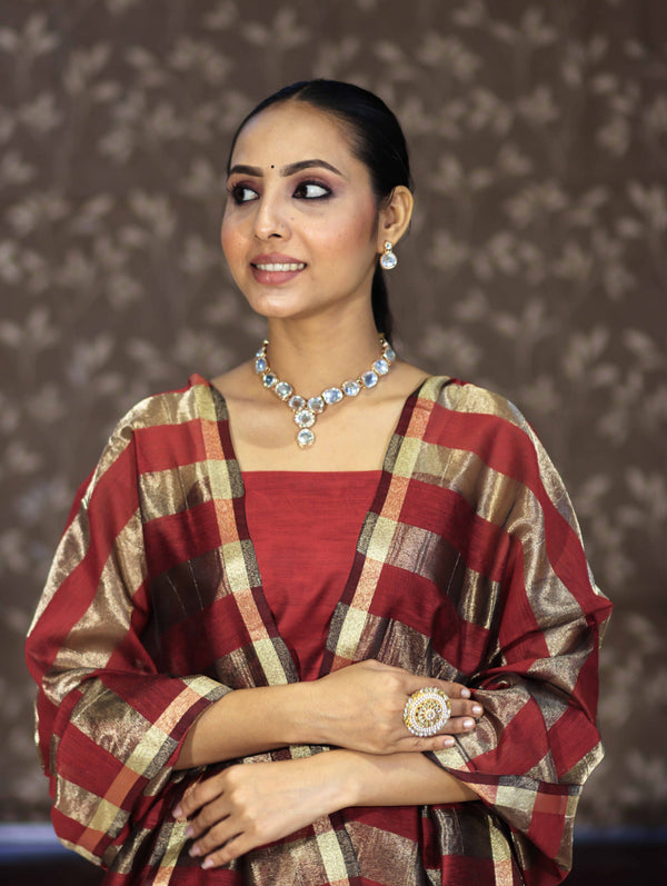 Banarasee Cotton Silk Stripe Pattern Salwar Kameez Fabric With Dupatta Set-Maroon