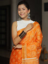 Banarasee Katan-Silk Block Print Saree With Gold Border-Orange