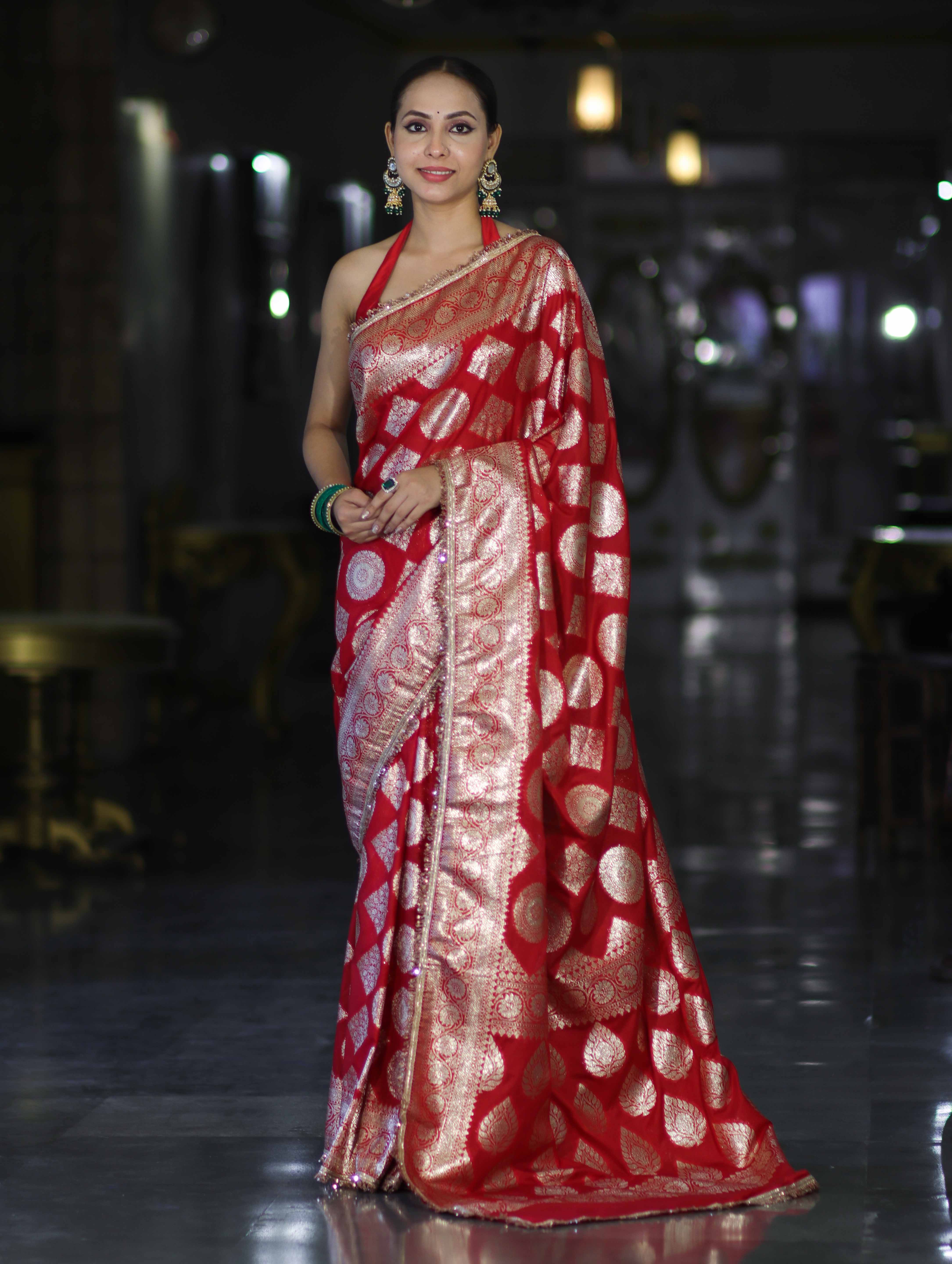 Banarasee Handloom Semi Silk Saree With Buta Design Zari Border & Lace-Red