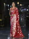 Banarasee Handloom Semi Silk Saree With Buta Design Zari Border & Lace-Red