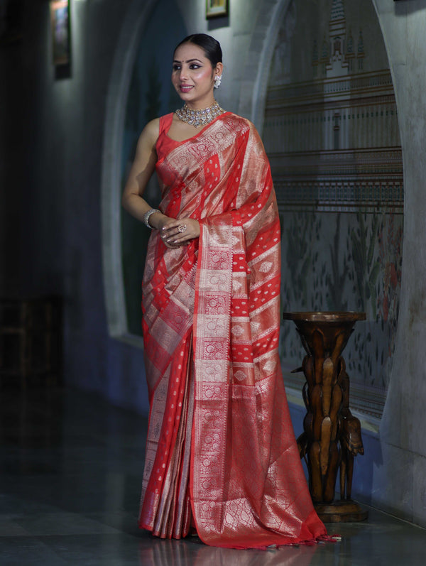 Banarasee Handloom Semi Silk Tissue Saree With Handwoven Zari Design & Border-Peach